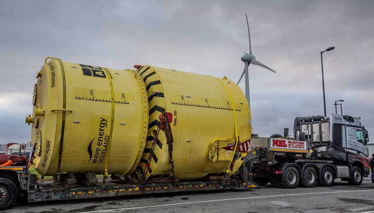 AWS Ocean Energy's 16kW Archimedes Waveswing wave converter arrives on Copland's Dock in Stromness ahead of its imminent deployment at the European Marine Energy Centre (EMEC) on Orkney