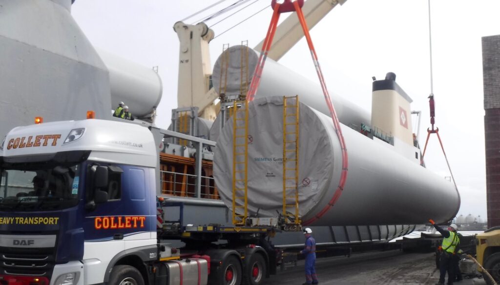 Community Windpower's Aikengall IIa turbine components arrive safely arrived at Grangemouth port ahead of being delivered to the site in Scotland next week. 