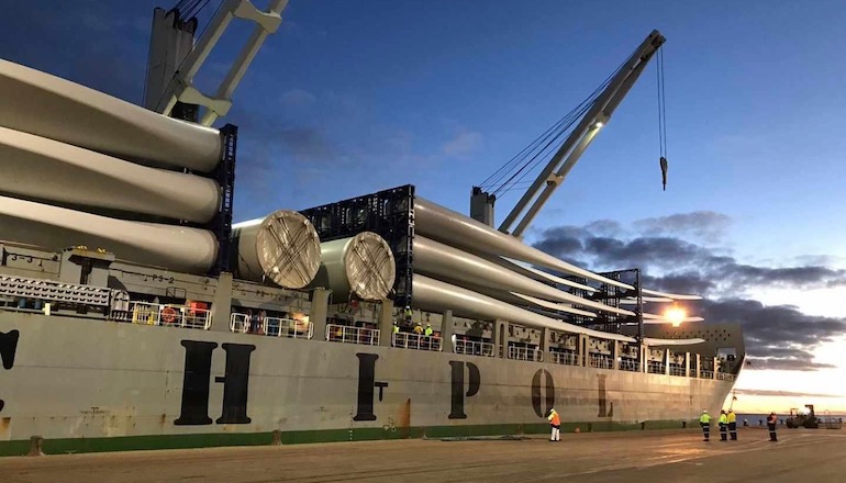 The first Siemens Gamesa turbine components arrive at the port of New Plymouth in New Zealand for Tilt Renewables' Waipipi wind farm
