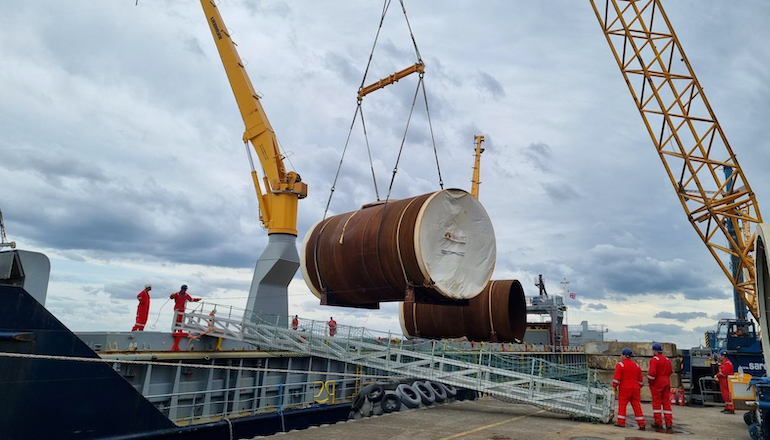 First NnG jacket components arrive by sea at Methil First NnG jacket components arrive by sea at Methil