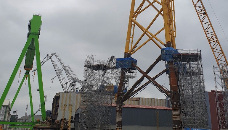 Navantia has assembled the first jacket foundation at its Fene yard for Iberdrola's Saint-Brieuc offshore wind farm