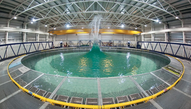 A wave and current simulation tank at FloWave used in the testing and development of novel ocean energy technologies