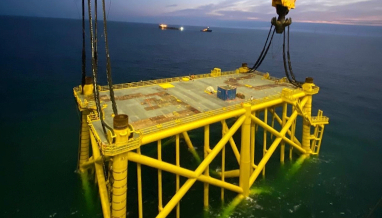 First Hornsea 2 substation jacket in the water