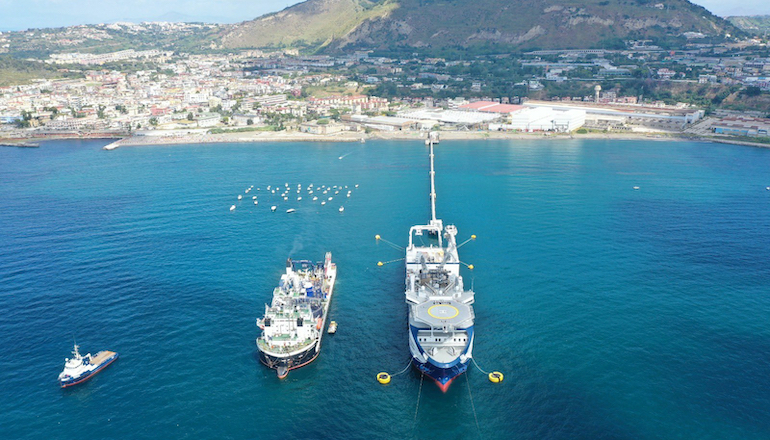 Prysmian cable lay vessels Leonardo da Vinci and Cable Enterprise line up in the Bay of Naples to load cables from the company's Arco Felice plant