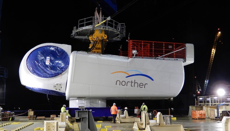 Turbines for the Norther offshore wind farm are lifted using synthetic rope slings provided by Cortland
