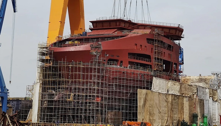 Prysmian's cable laying vessel Leonardo da Vinci undergoes final preparations in Vard's shipyard in Tulcea