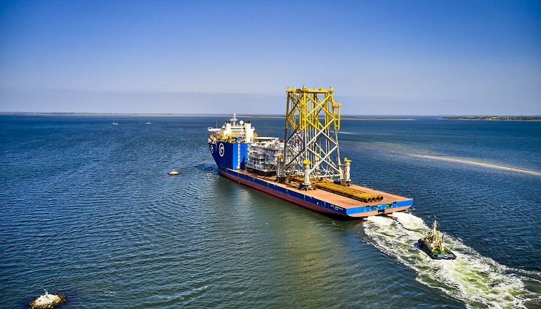 The offshore substation and jacket foundation for Vineyard Wind 1 departs Bladt's factory in Denmark to head across the Atlantic to the project site off Massachusetts