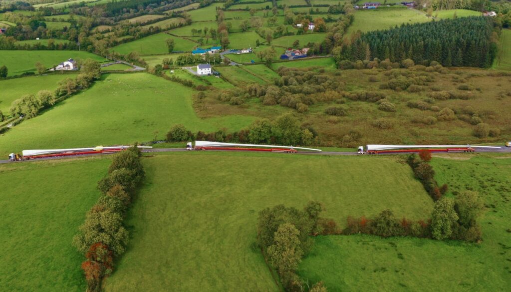 Collett Transport has delivered 88 wind turbine components for for eight GE 158RD turbines at the 49MW Drumlins Park Wind Farm project in Ireland