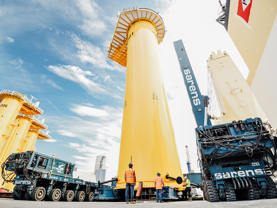 A transition piece waits on the quayside waiting to be transported to the 480MW Saint-Nazaire offshore wind farm in France.