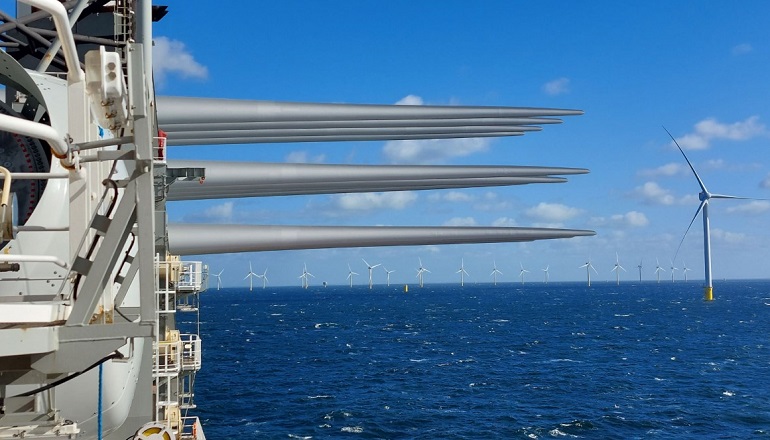 A view from Cadeler's Wind Osprey installation vessel of the HKZ offshore wind farm