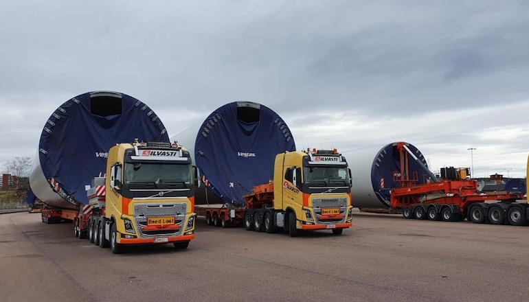 Tower sections arriving for the 130MW Backhammar wind farm